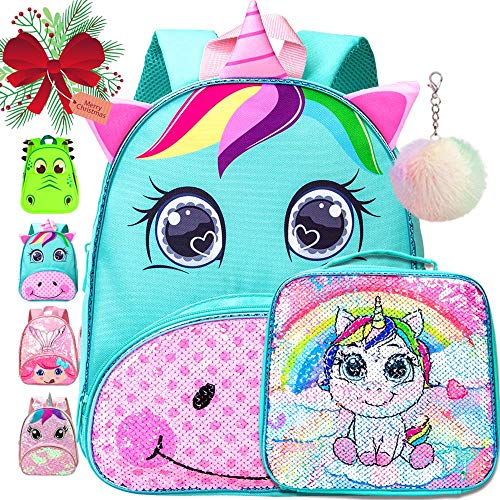Toddler Backpack, 12' Unicorn Sequin Preschool Bag and Lunch Box for Girls