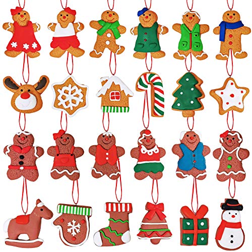 Winlyn 24 Pack Christmas Countdown Advent Calendar Clay Figurine Ornaments Gingerbread Family Dolls Gingerman Reindeer Snowman Hanging Christmas Tree Ornaments for Holiday Kitchen Decor