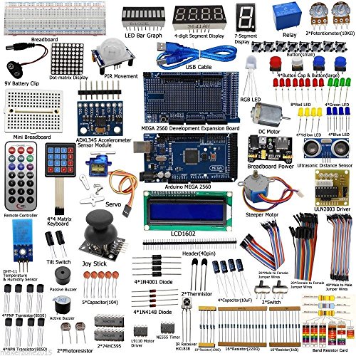 Complete Ultimate STEM Electronic Projects Starter Kit for Arduino with Mega2560, LCD1602, Servo, Stepper Motor, Sensors, Breadboard , Jumper Wire, Resistor, Capacitor, Transistor and Tutorial
