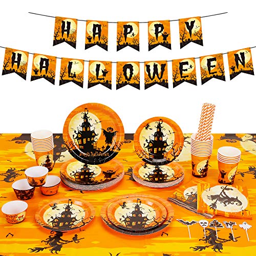 Decorlife 170PCS Halloween Party Supplies, Plates and Napkins Set for 24, Including Tablecloth, Banner, Cupcake Toppers and Wrappers, Haunted House Plates, Witch Napkins, Cups, Straws