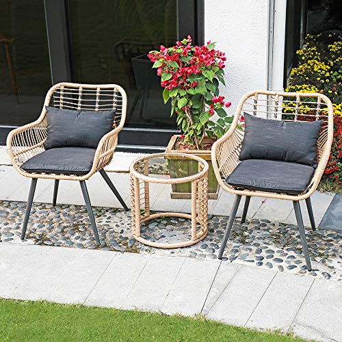 JOIVI 3-Piece Patio Set, Outdoor Wicker Conversation Bistro Sets with Round Glass Top Coffee Table, Cushions and Lumbar Pillows