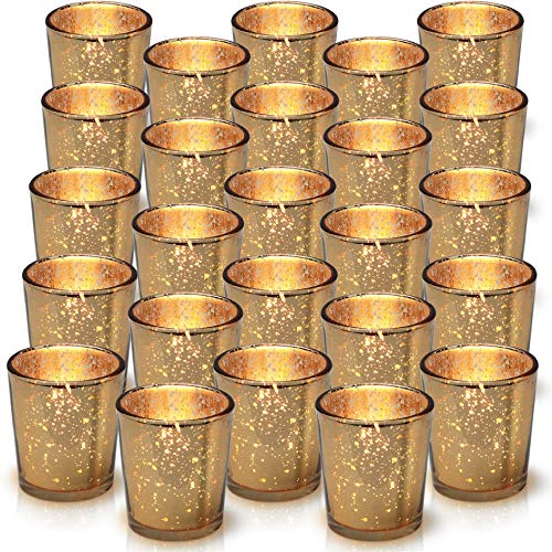 Granrosi Gold Mercury Votive Candle Holder Set of 25 - Mercury Glass Tealight Candle Holder with A Speckled Gold Finish - The Perfect Wedding Centerpieces for Tables Or Home Decoration