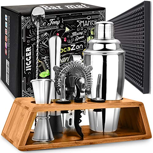Cocktail Shaker Set with Bar Mat | Bartender Mixing Tool Kit with Elegant Wooden Stand | Premium Bar Set | Best Gifts Ideas for Him (Husband, Boyfriend, Dad) Ideal for housewarming