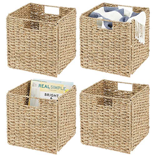 mDesign Natural Woven Seagrass Closet Storage Organizer Basket Bin - Collapsible - for Cube Furniture Shelving in Closet, Bedroom, Bathroom, Entryway, Office - 10.5' High, 4 Pack - Natural/Tan