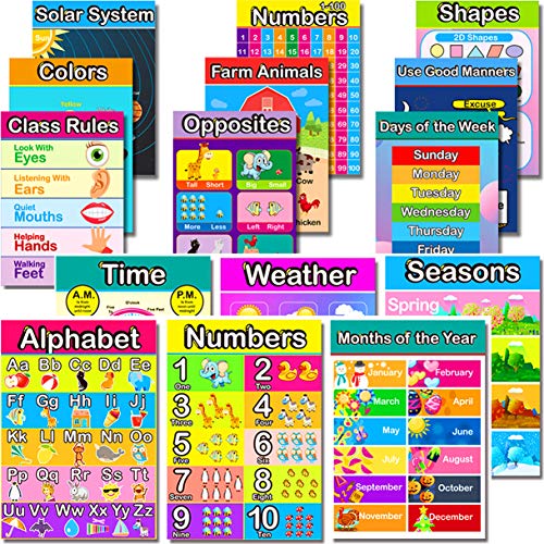 LARGE SIZE Educational Preschool Poster,Easy Read & Learn Design for Toddlers Kids Nursery Homeschool Kindergarten Classroom Playroom -Teach Alphabet, Numbers, Days, Colors and More (15 Pieces)