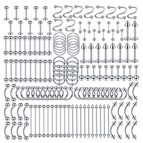 Xpircn 150PCS Piercing Jewelry Stainless Steel Nose Horseshoe Lip Tongue Eyebrow Tragus Septum Clicker Body Piercing Navel Belly Ring Nipple Industrial Barbells 14G 16G 20G