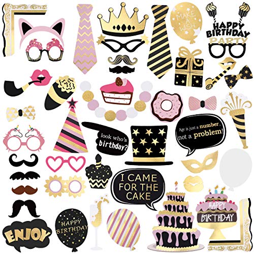 Unomor Birthday Photo Booth Props, Bronzing Rose Gold and Black Funny Happy Birthday Party Favors Supplies Photobooth Props Kit 48Pcs/Pack