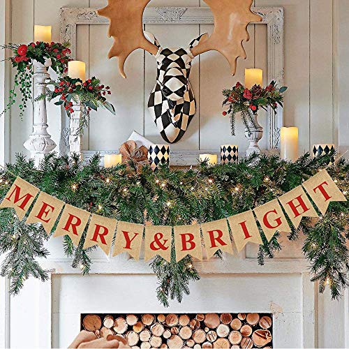 Stology Merry & Bright Christmas Burlap Banner, Decorative Xmas Banner Sign Garland for Mantel Fireplace, Home Rustic Hanging Decor Winter Holiday House Inside Decorations