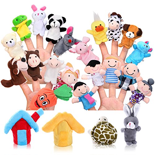 Pllieay 24 Pieces Finger Puppets Set Cloth Plush Doll Baby Educational Hand Cartoon Animal Toys with 15 Animals, 6 People Family Members, 2 Pieces House and 1 Piece Carrot