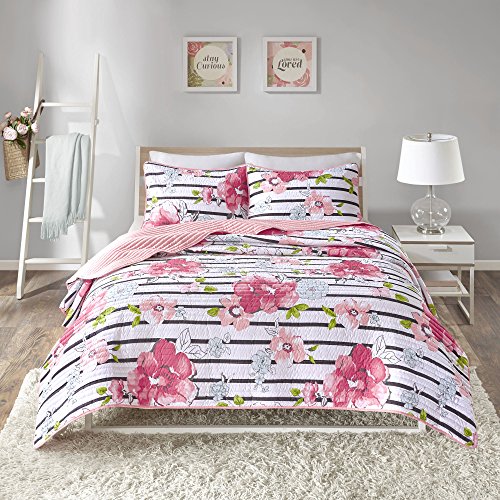 Comfort Spaces Quilt Coverlet Bedspread Adorable Ultra Soft Microfiber Printed Floral Design Bedding Set, Full/Queen(90'x90'), Zoe Flower Pink