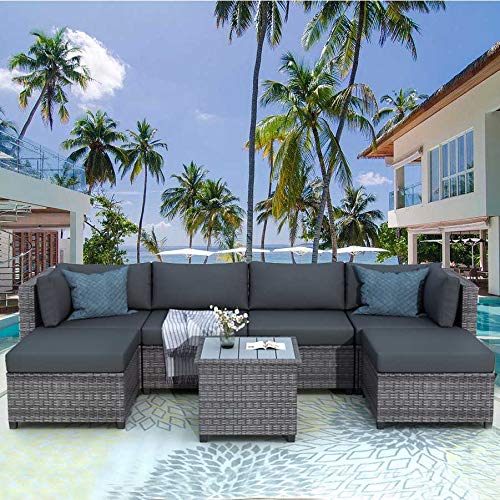 NICESOUL 118.7''L- 7 Pcs PE Rattan Patio Furniture Modern Fashion Sectional Sofa Sets with Gray Thicken Cushions Outdoor Wicker Conversation Sets (Grey-7 Pieces)