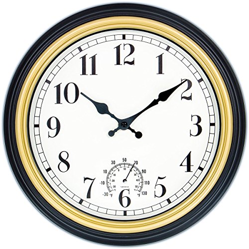 45Min 12 Inch Indoor/Outdoor Retro Round Waterproof Wall Clock with Thermometer, Silent Non Ticking Battery Operated Quality Quartz Wall Clock Home/Patio Decor
