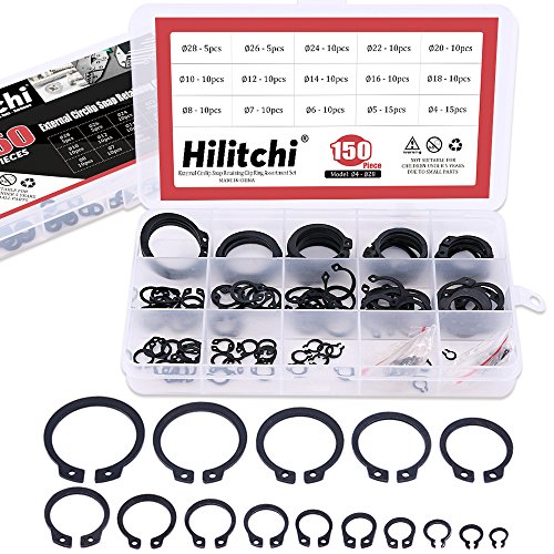 Hilitchi 150-Pcs Alloy Steel External Circlip Snap Retaining Clip Ring Assortment Kit - Size: 4mm to 28mm