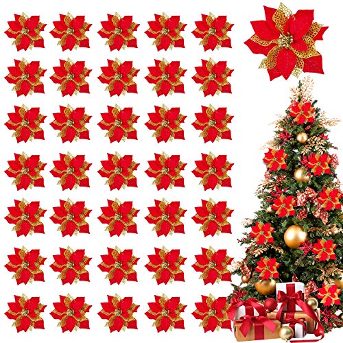 TURNMEON 36 Pack Glitter Poinsettia Christmas Flowers Decorations Christmas Tree Ornaments, Glitter Gold 4' Artificial Silk Flowers Picks Decor Wreath Garland Holiday (Red)