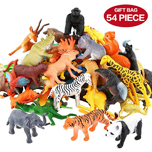Animals Figure,54 Piece Mini Jungle Animals Toys Set,ValeforToy Realistic Wild Vinyl Plastic Animal Learning Party Favors Toys For Boys Girls Kids Toddlers Forest Small Animals Playset Cupcake Topper