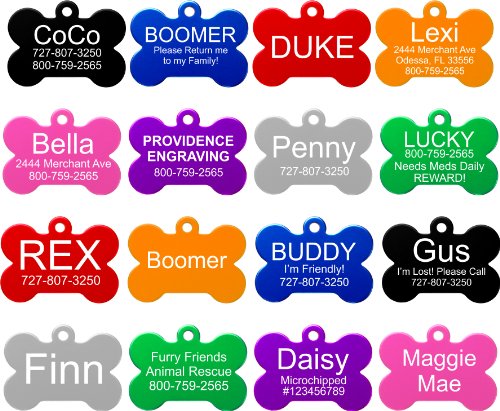 Providence Engraving Pet ID Tags in 8 Shapes, 8 Colors, and Two Sizes - Personalized Dog Tags and Cat Tags with 4 Lines of Customizable Text Available in 8 Shapes and Colors