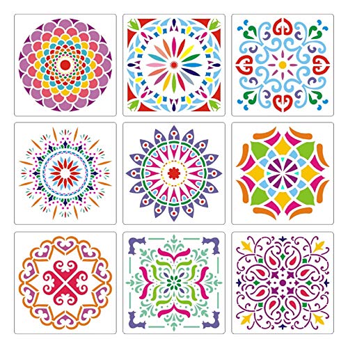 Acerich Mandala Stencil Large, Laser Mandala Dotting Tools Template Blossoming Flower Stencils for Painting, Walls Furniture Crafts, Drawing & Lettering Aids Set of 9