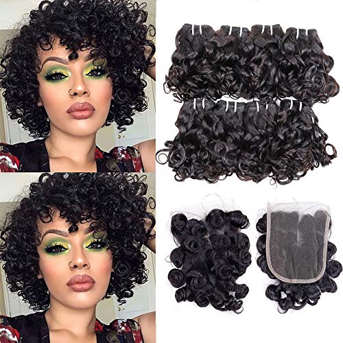 9A Peruvian Curly Human Hair Weave 8 Bundles Remy Human Hair Bundles with Closure Ocean Weaving Virgin Hair Extensions Short Curly Bob Hair 25g/Bundle(8' 8' 8' 8' 8' 8' 8' 8' with 8')