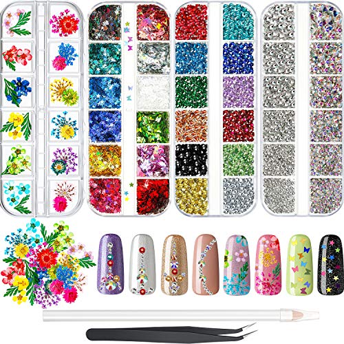 4488 Pieces AB Nail Art Rhinestone 12 Colors Crystal Flatback Rhinestone 12 Grids Nail Dried Flower 12 Colors Star Butterfly Nail Sequin Glitter with Rhinestone Picker Tweezers for Nail Art Decoration