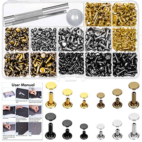 Leather Rivets Kit, Shynek 360 Sets Double Cap Brass Rivets Leather Studs with Setting Tools for Leather Repair and Crafts, 4 Colors and 3 Sizes