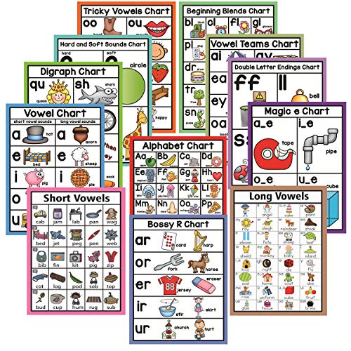 DFZUS 12Pcs/Set English Phonics Language Arts Skills Posters for Kindergarten l Wall Phonics Charts for Toddlers l Classroom Decorations Organization Learning Posters for Kindergarten- 8.26x11.69in