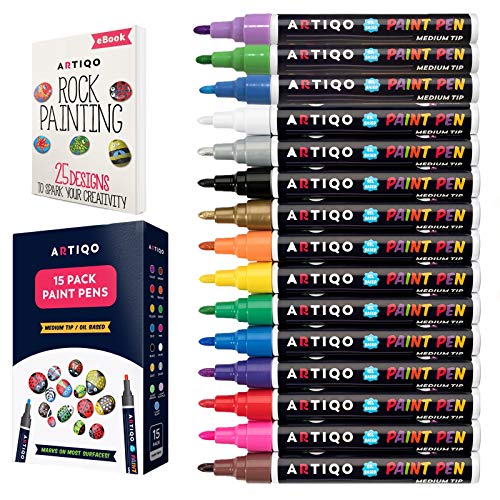 Paint pens for rock painting - Wood, Glass, Metal and Ceramic Works on almost all surfaces set of 15 Vibrant Medium tip Oil Paint Marker Pens, Quick Dry, Water Resistant