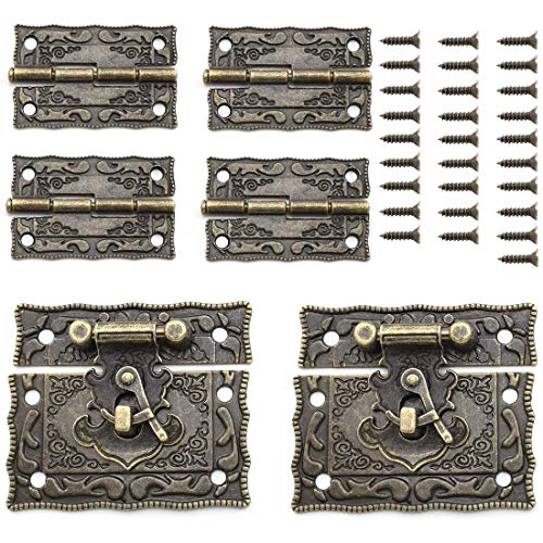 SDTC Tech Antique Bronze Rectangle Right Hook Hasp Latch and Engraved Hinge Kit for Decorating Vintage Style Furniture Jewelry Box Cabinet Suitcase (2X Hasps + 4X Hinges)