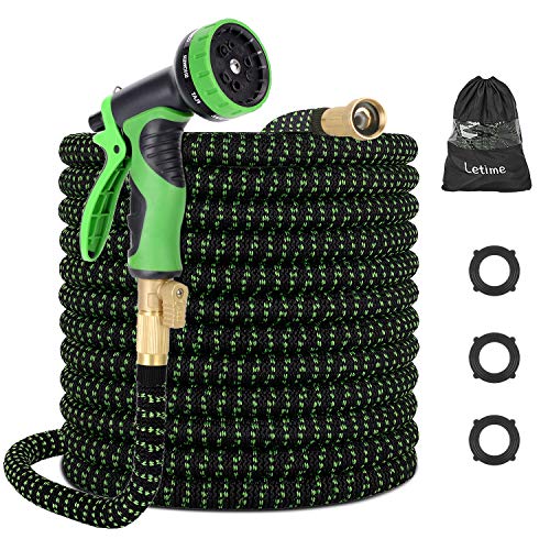 LETIME Expandable Garden Hose 100 Feet, Durable Water Hose with 9-Way Spray Nozzle and 3/4 inch Solid Brass Fittings, for Lawn Watering and Car Washing