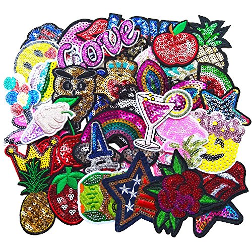 Qingxi Charm 32pcs Assorted Styles Sequins Sewing on/Iron on Embroidered Patches Clothes Dress Hat Pants Shoes Curtain Sewing Decorating DIY Craft Embarrassment Applique Patches (Sequins 32pcs)