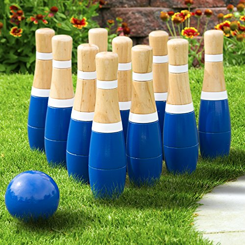 Lawn Bowling Game/Skittle Ball- Indoor and Outdoor Fun for Toddlers, Kids, Adults –10 Wooden Pins, 2 Balls, and Mesh Bag Set by Hey! Play! (8 Inch)