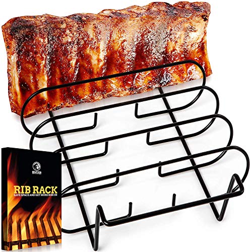 Rib Racks for Smoking - BBQ Rib Rack for Gas Smoker or Charcoal Grill - Non Stick Standing Rib Rack for Grilling & Barbecue - Holds 5 Baby Back Ribs - Black