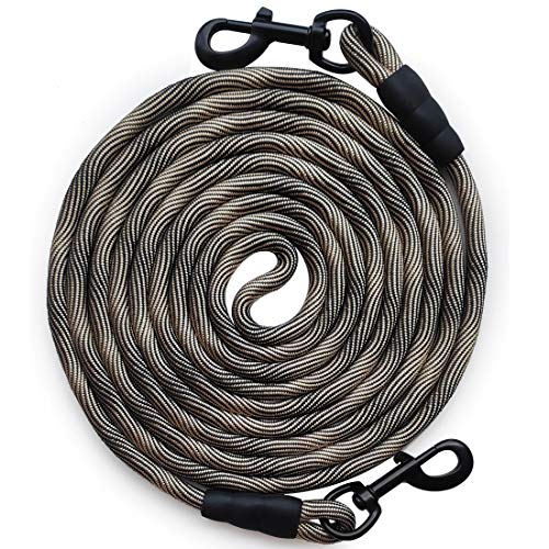 BTINESFUL Tie-Out Check Cord Long Rope Dog Leash, 12ft 20ft 30ft 50ft Recall Training Lead Leash- Great for Large Medium Small Dogs Training, Playing, Camping, or Backyard (12ft, Beige Black)