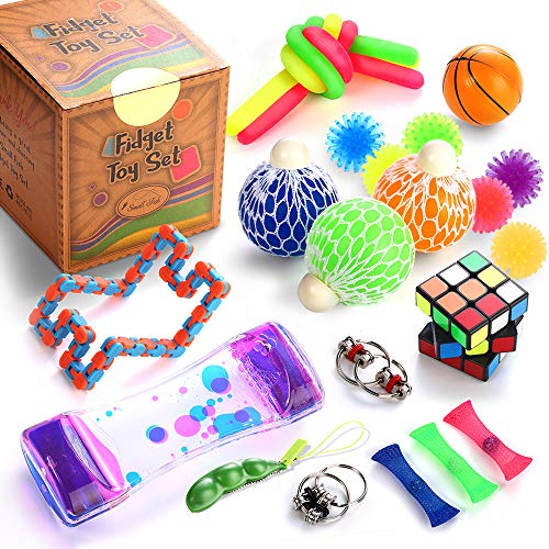 Sensory Fidget Toys Set, 25 Pcs., Stress Relief and Anti-Anxiety Tools Bundle for Kids and Adults, Marble and Mesh, Pack of Squeeze Balls, Soybean Squeeze, Flippy Chain, Liquid Motion Timer & More