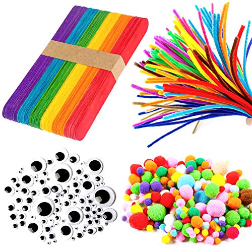 Pipe Cleaners All in 1 Craft Set - 6mm x 12 inch Chenille Stems - Pom Poms Assorted Sizes - Self Adhesive Wiggle Googly Eyes - Rainbow Wooden Popsicles - DIY Art for Boys Girls Crafts - Assorted Sizes