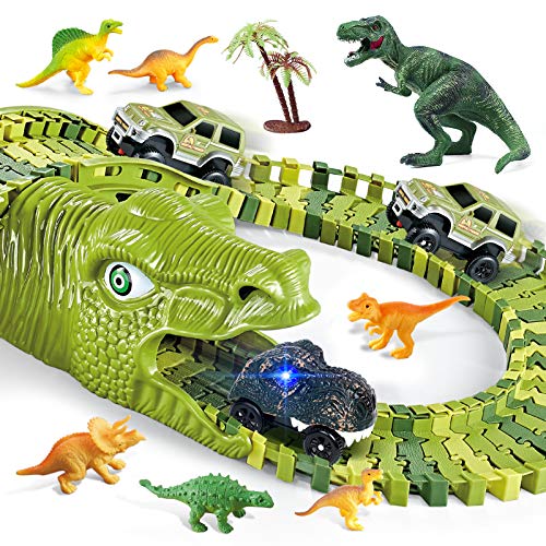 Dinosaur Toys, 260 Pcs Dinosaur Car Race Track Toy with 250 Flexible Train Track Playset, Includes 3 Cars, 7 Dinosaur and 2 Dinosaur Head Best Gift for Boys Girls Ages 3 4 5 6 7Years Old and Up