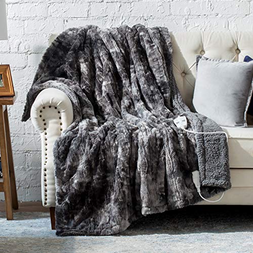 Bedsure Heated Blanket Throw 50×60 Inch,3 Heating Settings, 2/4/8H Timer, Auto-Off - Fast Heating Electric Blanket - Low Voltage Super Soft Faux Fur Tie Dye Fleece Throw Blanket, Grey