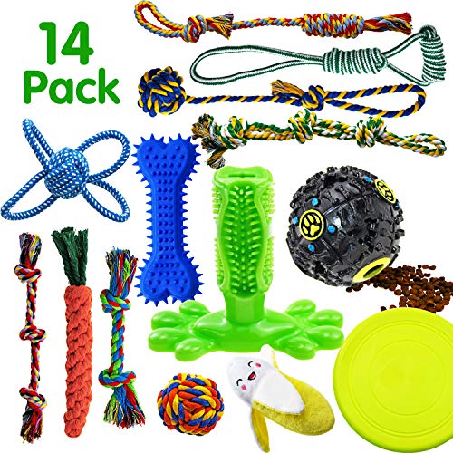 SHARLOVY Dog Chew Toys for Puppies Teething, 14 Pack Dog Rope Toys Tug of War Dog Toy Bundle Toothbrush iq Treat Ball Squeaky Rubber Bone Durable Dog Chew Toys for Small Dogs Pet Toys Puppy Toys