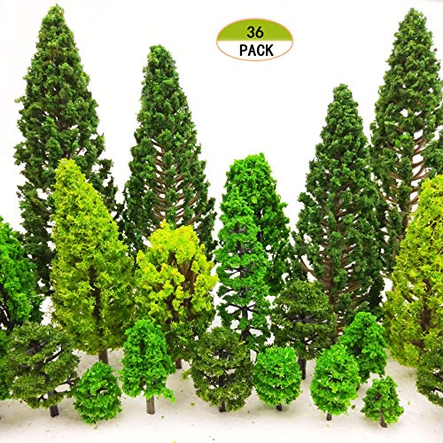 MOMOONNON 36 Pieces Model Trees 1.36-6 inch Mixed Model Tree Train Scenery Architecture Trees Fake Trees for DIY Crafts, Building Model, Scenery Landscape Natural Green