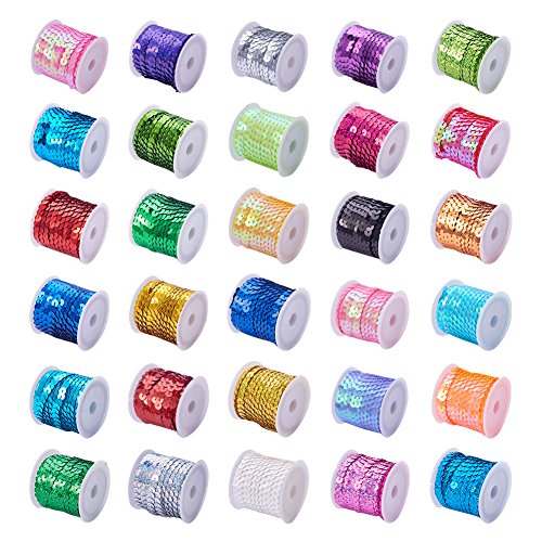 PH PandaHall 30 Color Spangle Flat Sequins Paillette Trim Spool String Sequins Ribbon Roll for Crafts, Embellishments, Costume Accessories (6mm,150 Yards)