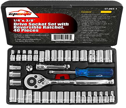 40 Pieces - EPAuto 1/4-Inch & 3/8-Inch Drive Socket Set with 72 Tooth Reversible Ratchet