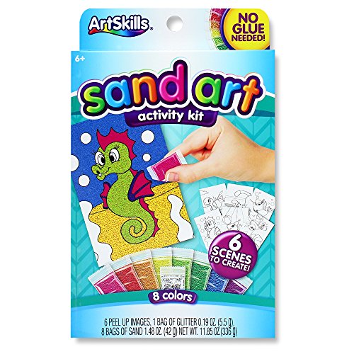 ArtSkills Kids Glitter Sand Art Activity Kit, Arts and Crafts, 6 Peel and Sprinkle Designs, 8 Sand Colors plus Glitter.