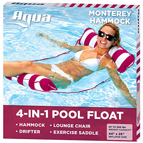 Aqua 4-in-1 Monterey Hammock Inflatable Pool Float, Multi-Purpose Pool Hammock (Saddle, Lounge Chair, Hammock, Drifter) Pool Chair, Portable Water Hammock, Burgundy/White Stripe