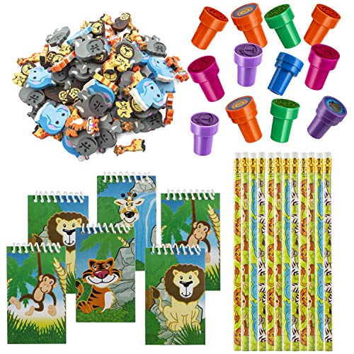 Favonir™ Zoo Stationery Party Favors 84 Gift Pack – 48 Erasers – 12 Animal Notepads – 12 Pencils – 12 Stickers - Kids Party Supplies Bulk Set - Ideal As Safari Party Favor Novelty Goody Bag Stuffer, Reward Prizes, Carnival And Birthday Events.