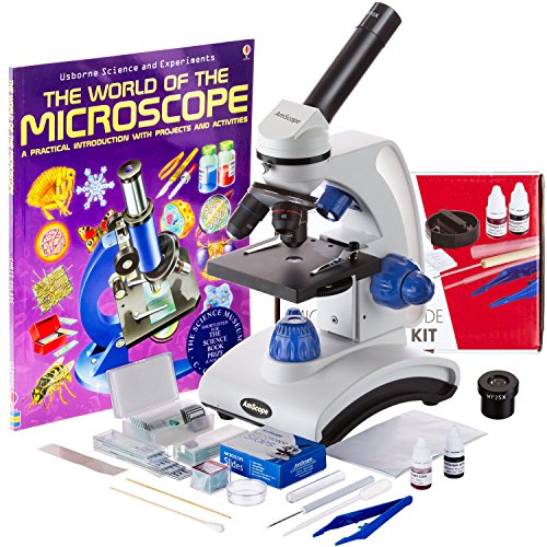 AmScope 40X-1000X Beginners Microscope Kit for Kids & Students w/ Complete Science Accessory Kit + World of the Microscope Book