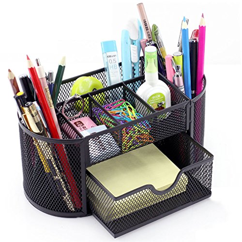 MONBLA Desk Supplies Organizer Multi-functional Stationery Caddy Mesh Oval Pencil Holder Desk Office Supplies Organizer 9 Compartments with Drawer for Note Pads Black