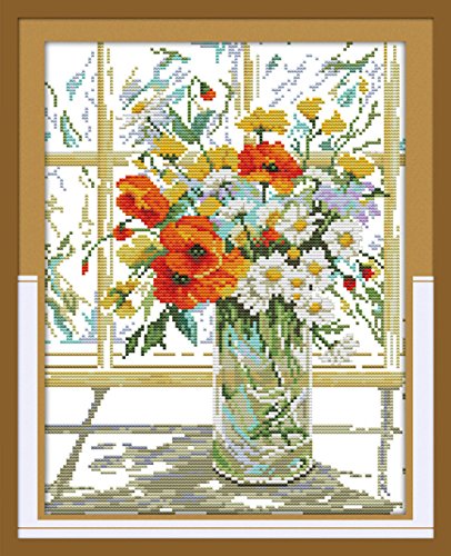 eGoodn Cross Stitch Stamped Kit Pre-Printed Pattern Flower Vase on Windowsill, 11ct Aida Fabric Size 14.2 inches by 17.7 inches for Embroidery Needlework Art Crafts Lovers, No Frame