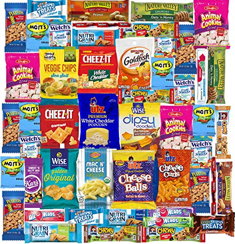 Blue Ribbon Care Package 50 Count Ultimate Sampler Mixed Bars, Cookies, Chips, Candy Snacks Box for Office, Meetings, Schools,Friends & Family, Military,College, Halloween, Father's Day Gift Basket