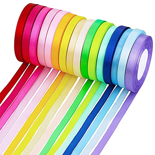 Supla 16 Colors 400 Yard Fabric Ribbon Silk Satin Roll Satin Ribbon Rolls in 2/5' Wide, 25 Yard/roll,16 Rolls,Satin Ribbon Fabric Ribbon Embellish Ribbon Ribbon for Bows Crafts Gifts Party Wedding