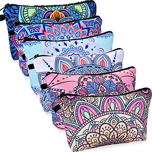 6 Pieces Makeup Bag Toiletry Pouch Waterproof Cosmetic Bag with Mandala Flowers Llama Sloth Unicorn Patterns, 6 Styles (Multicolor Style)