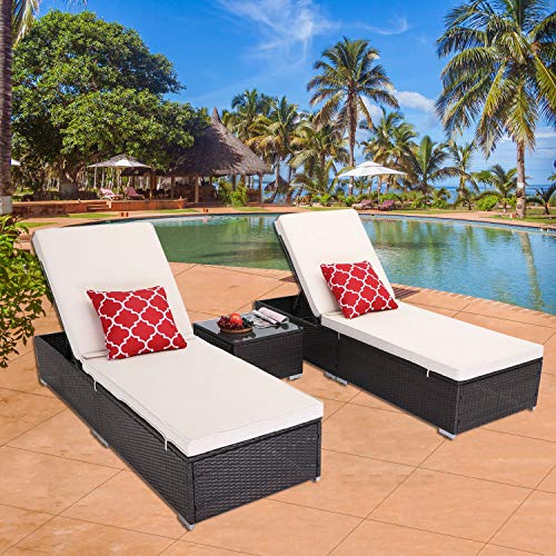 HTTH Outdoor Chaise Lounge, 3 Pieces Patio Chaise Lounges Chairs Set Adjustable Wicker Chaise Thick & Comfy Cushion Wicker Lounge Chairs with Removable Cushion for Garden, Patio, Pool (Beige)
